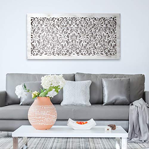 Mandala de Pared Calada, Fabricada artesanalmente en España- Mandala 3D Cuadrada Pintada a Mano- Modelo Mosaico 154 (Blanco Envejecido, 60x150cm)