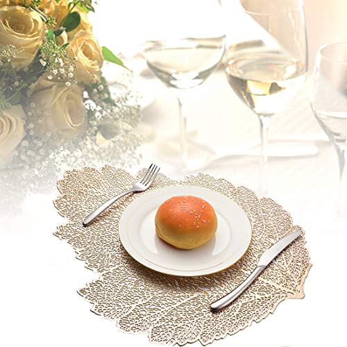MANGATA Manteles Individuales - Antideslizantes, Lavables, PVC, Resistentes al Calor, para Mesa de Comedor (Dorado - Hojas, Juego de 8)
