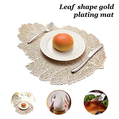 MANGATA Manteles Individuales - Antideslizantes, Lavables, PVC, Resistentes al Calor, para Mesa de Comedor (Dorado - Hojas, Juego de 8)