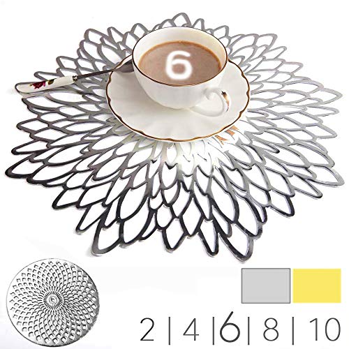 MANGATA Manteles Individuales de plata, salvamanteles redondos para Navidad, bodas, cenas, aniversario, fiestas, 38 cm, juego de 6