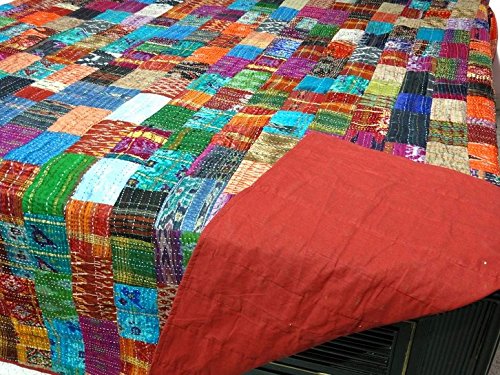 Manglam Arts - Colcha, seda, diseño Kantha Patola de patchwork, tamaño 228,6 x 274,32 cm, para cama doble tamaño queen
