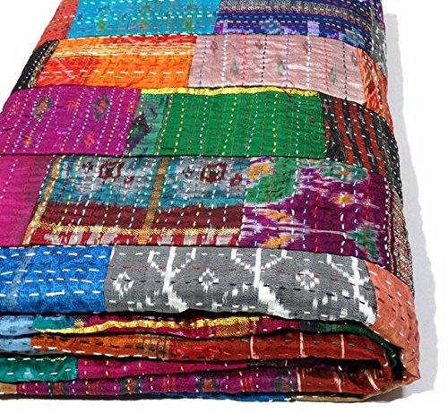 Manglam Arts - Colcha, seda, diseño Kantha Patola de patchwork, tamaño 228,6 x 274,32 cm, para cama doble tamaño queen