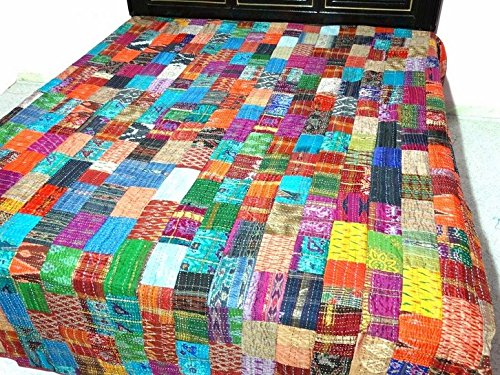 Manglam Arts - Colcha, seda, diseño Kantha Patola de patchwork, tamaño 228,6 x 274,32 cm, para cama doble tamaño queen