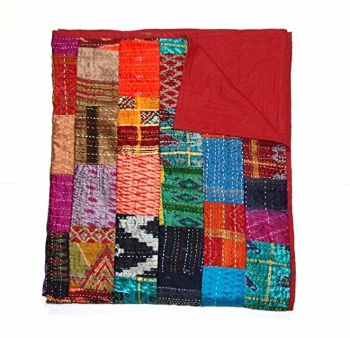 Manglam Arts - Colcha, seda, diseño Kantha Patola de patchwork, tamaño 228,6 x 274,32 cm, para cama doble tamaño queen