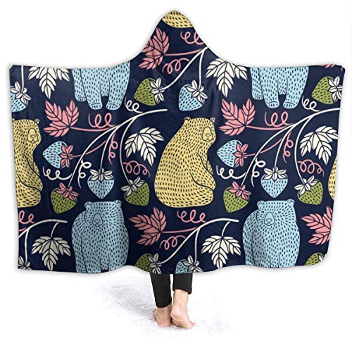 Manta con Capucha Fleece Usable Lindo Oso Manchado Divertido Fresa Animal Planta Suave y acogedora Mantas de Felpa borrosas Sudadera con Capucha Manta de Abrigo Capa para sofá