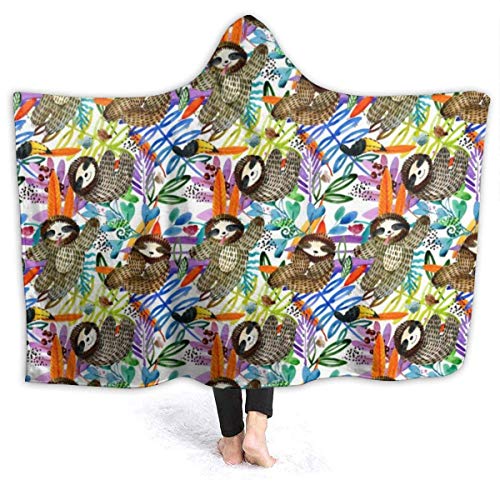 Manta con Capucha Perezosos de Acuarela Estampado de Plantas Tropicales Mantas de Felpa Sherpa Fleece Suave Invierno Cálido Novedad Cape Wrap Capa ponible para Adultos