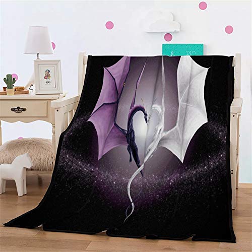 Manta de felpa con estampado de dragón de pareja para niños adultos, manta de cama de diseño de dragón blanco púrpura, ropa de cama de microfibra suave y cálida para sofá cama, 150 × 200 cm