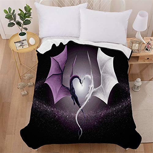 Manta de felpa con estampado de dragón de pareja para niños adultos, manta de cama de diseño de dragón blanco púrpura, ropa de cama de microfibra suave y cálida para sofá cama, 150 × 200 cm