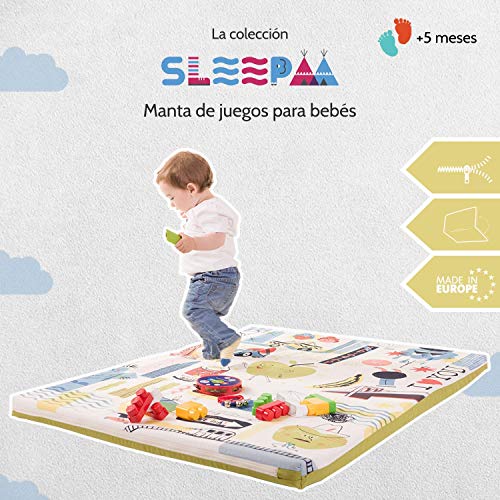 Manta de juegos para bebés acolchada plegable enrollable gimnasio suelo actividades alfombra Tamaño único 130x90 cm Fabricada en España Decoracion Regalo bebe (Big Apples)