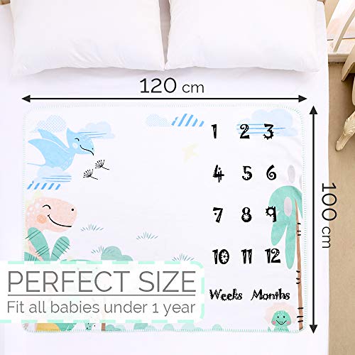 Manta Polar Bebe Con Hito Mensual Fotografia Suave, Mantitas Bebe Recien Nacido, Manta Arrullo Bebe para Niña & Niño Blanco 120 * 100cm (Dinosaurio)