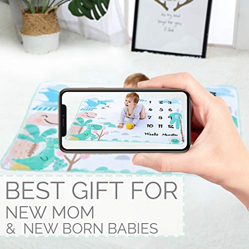 Manta Polar Bebe Con Hito Mensual Fotografia Suave, Mantitas Bebe Recien Nacido, Manta Arrullo Bebe para Niña & Niño Blanco 120 * 100cm (Dinosaurio)