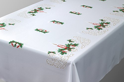Mantel de Navidad rectangular, diseño de velas rojas y verdes, color blanco, poliéster, Blanco, 57" x 118" (145cm x 300cm)