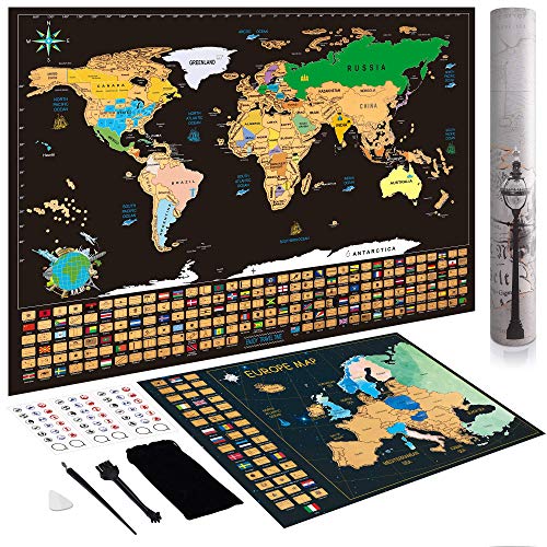 Mapa Mundi Rascar Regalos Originales - Regalos Curiosos para Hombre Mujer Mapamundi Rascar + Bono Mapa Rascable Europa, Póster del Mapa Mundi de Rascar con Tubo de Regalo, Regalos Mujer & Hombre