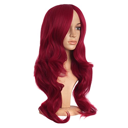 Mapofbeauty 24 Pulgadas/60cm Encantador Sintético Largo Ondulado Flequillo Lateral Mujeres Fiesta Anime Cosplay Peluca(Rojo Sangre)