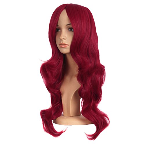 Mapofbeauty 24 Pulgadas/60cm Encantador Sintético Largo Ondulado Flequillo Lateral Mujeres Fiesta Anime Cosplay Peluca(Rojo Sangre)