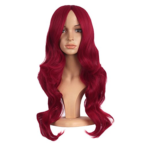 Mapofbeauty 24 Pulgadas/60cm Encantador Sintético Largo Ondulado Flequillo Lateral Mujeres Fiesta Anime Cosplay Peluca(Rojo Sangre)