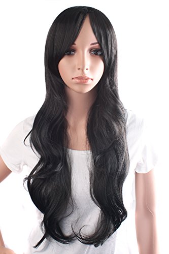 MapofBeauty 70cm/ 28 pulgada De las mujeres encantadoras y Sexy largo rizado peluca de la onda peluca (negro)