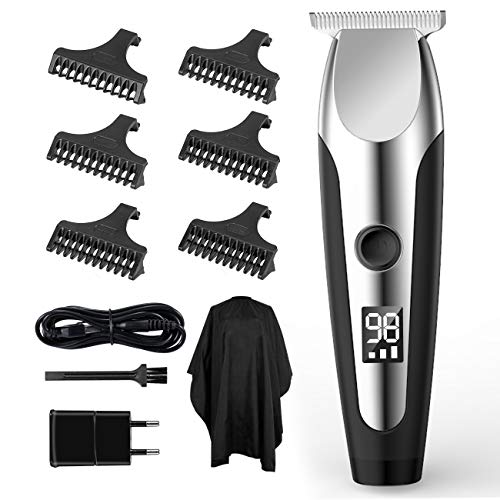 Maquina Cortar Pelo, SUERW Cortapelos Profesional Hombre con 6 Peines de Ajustes, Bata de Peluquería, Pantalla LED, Cuchillas de Cerámica-Titanio, Carga Rápida, Potente Motor