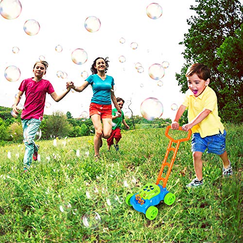 Máquina de Burbujas para Niños, Mecanismo de Soplado Automático, Juguete Bubble Lawn Mower con 2 botellas de líquido, Juguetes al aire libre Regalos para Jardín