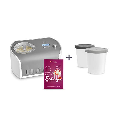 Máquina de Hacer Helados con Compresor de 1,2 litros ELLI, Recetas incluidas, Heladera de acero para yogur, Sorbete y Helado, 135 W, display LCD, temporizador, refrigeración