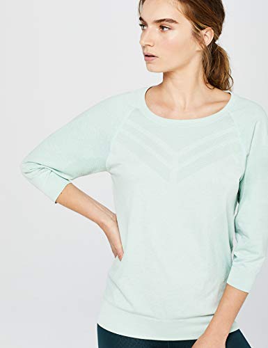 Marca Amazon - AURIQUE Camiseta Deportiva sin Costuras con Manga Francesa Mujer, Verde (Ether Marl), 36, Label:XS