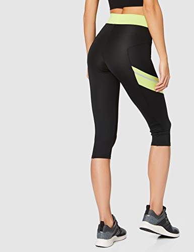 Marca Amazon - AURIQUE Contrast Panels BAL004, Mallas de entrenamiento Mujer, Multicolor (Black/Lime), 10 (Manufacturer size: Small)