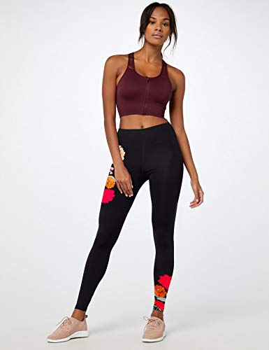 Marca Amazon - AURIQUE Floral Print Legging - Mallas de entrenamiento Mujer, Negro (Black), 42, Label:L