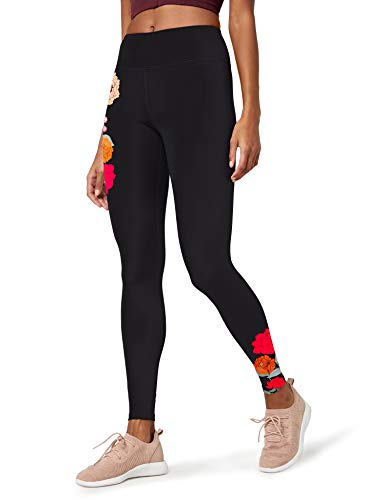 Marca Amazon - AURIQUE Floral Print Legging - Mallas de entrenamiento Mujer, Negro (Black), 42, Label:L