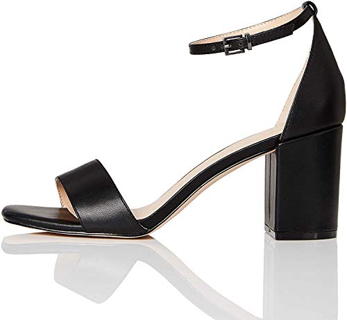 Marca Amazon - find. #_ Gafur-1A Zapatos con Tacon y Correa de Tobillo, Negro (Black), 39