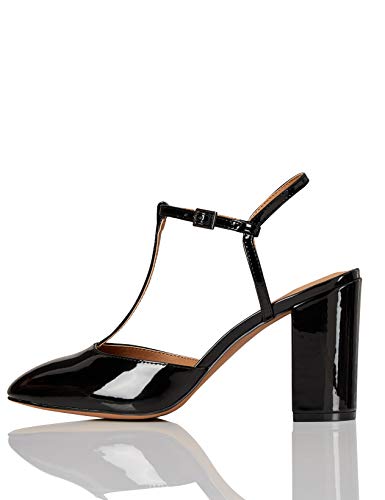 Marca Amazon - FIND Block Heel T-Bar Zapatos de Tacón, Negro (Black), 39 EU
