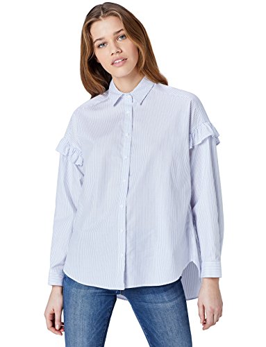 Marca Amazon - find. Blusa de Rayas Oversize con Volantes en la Manga para Mujer, Azul (Blau), 38, Label: S