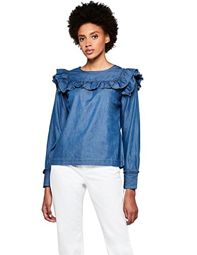 Marca Amazon - find. Blusa Vaquera con Volantes Mujer, Blau (Blue), 38, Label: S
