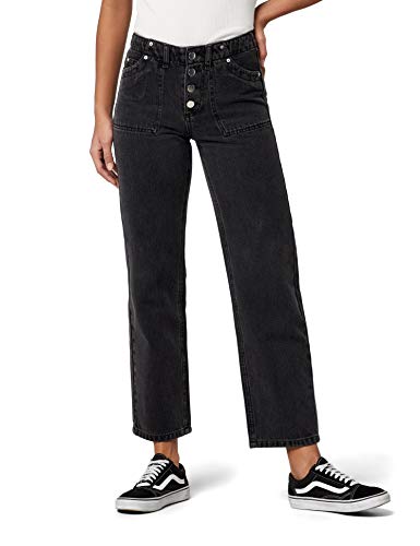 Marca Amazon - find. Button Front Carpenter - Vaqueros straight Mujer, Gris (Dark Grey), 27W / 32L, Label: 27W / 32L