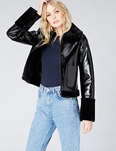 Marca Amazon - find. Chaqueta Efecto Piel para Mujer, Negro (Schwarz), 48, Label: 3XL