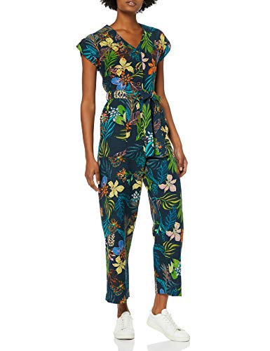 Marca Amazon - find. Mono de Lino Casual con Manga Corta Mujer, Multicolor (impresión tropical)., 42, Label: L