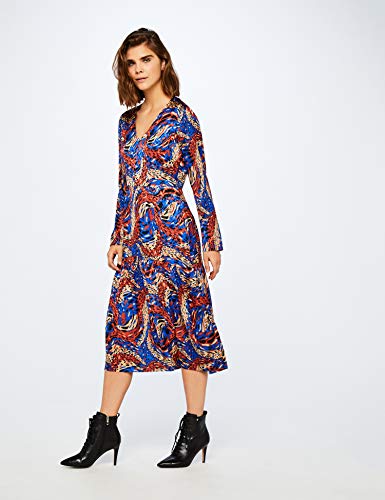 Marca Amazon - find.. Retro Print Dress, Vestido de Fiesta para Mujer, Azul (Retro Print), 40, Label: M