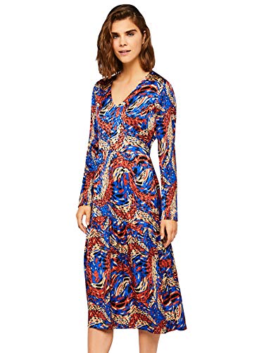 Marca Amazon - find.. Retro Print Dress, Vestido de Fiesta para Mujer, Azul (Retro Print), 40, Label: M