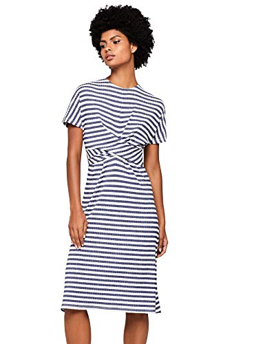 Marca Amazon - find. Vestido de Rayas con Fruncido en la Cintura Mujer, Azul (Blue), 38, Label: S