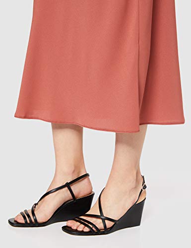 Marca Amazon - FIND Wedge Strippy Sandal Zapatos con Tacon y Correa de Tobillo, Negro (Black), 39 EU