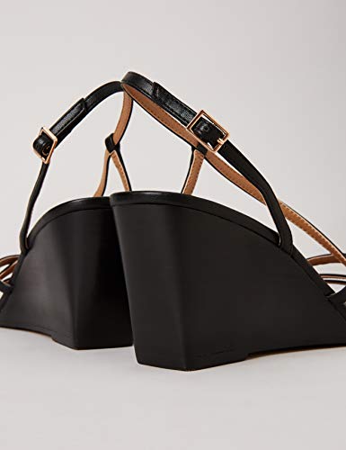 Marca Amazon - FIND Wedge Strippy Sandal Zapatos con Tacon y Correa de Tobillo, Negro (Black), 39 EU