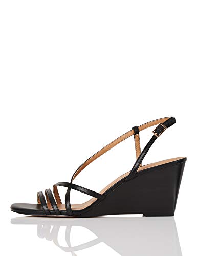 Marca Amazon - FIND Wedge Strippy Sandal Zapatos con Tacon y Correa de Tobillo, Negro (Black), 39 EU