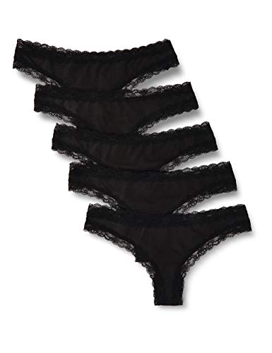 Marca Amazon - IRIS & LILLY Tanga Body Natural Mujer, Pack de 5, Negro (Black), S