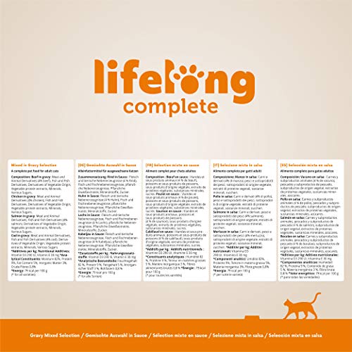 Marca Amazon - Lifelong Alimento completo para gatos adultos - Selección mixta en salsa, 2,4 kg (24 bolsitas x 100g)