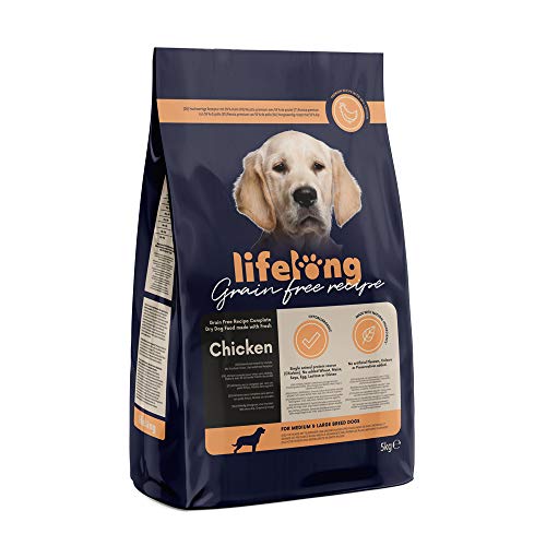Marca Amazon - Lifelong Alimento seco completo con pollo fresco para perros de razas medianas y grandes, receta sin cereales - 5kg*2