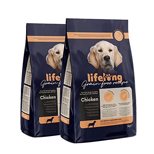 Marca Amazon - Lifelong Alimento seco completo con pollo fresco para perros de razas medianas y grandes, receta sin cereales - 5kg*2