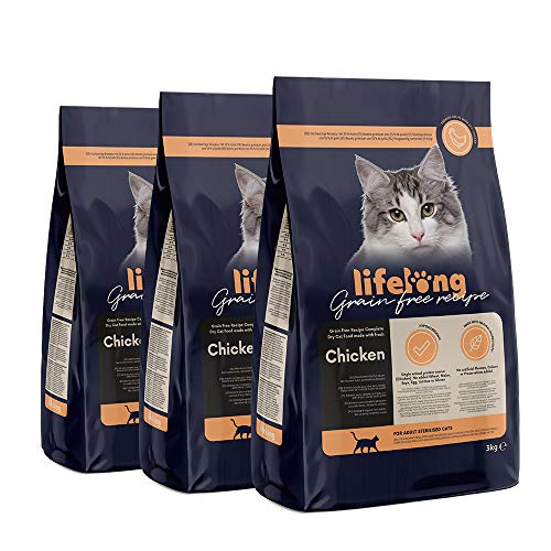 Marca Amazon Lifelong Alimento seco para gatos adultos esterilizados con pllo fresco, receta sin cereales - 3kg * 3