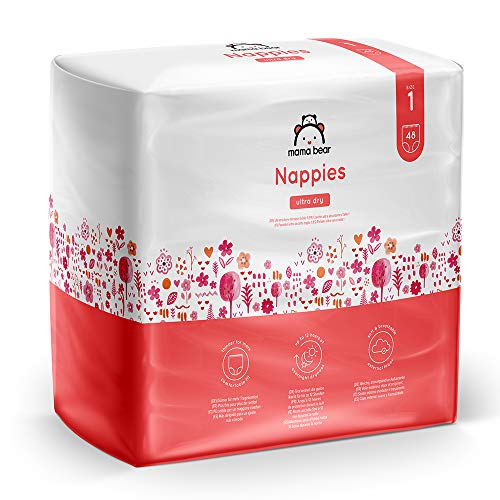 Marca Amazon- Mama Bear Pañales ultra-secos Talla 1 (2-5 kg) - con canales de aire- 96 pañales (2 packs de 48 pañales)