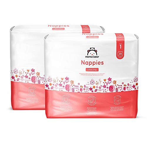 Marca Amazon- Mama Bear Pañales ultra-secos Talla 1 (2-5 kg) - con canales de aire- 96 pañales (2 packs de 48 pañales)
