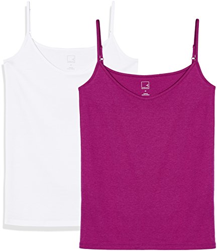 Marca Amazon - MERAKI Camiseta Mujer de Tirantes, Pack de 2, Morado (Boysenberry/white), 38, Label: S