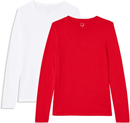 Marca Amazon - MERAKI Camisetas, Mujer, Rojo (Racing Red/White), S, Pack de 2